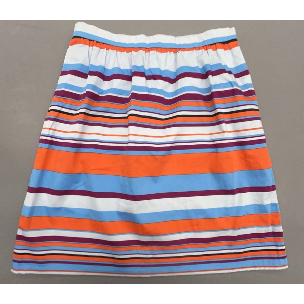 J Crew Skirt‎ 10 Orange Blue Striped Cotton Stretch Pockets Preppy Whimsical